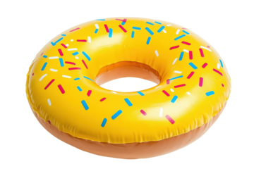 Vibrant yellow inflatable donut pool float with colorful sprinkles, cut out