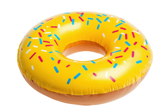 Vibrant yellow inflatable donut pool float with colorful sprinkles, cut out