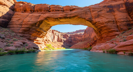 Majestic rock arch framing a canyon river under a clear sky landscape