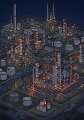 Fototapeta premium Nighttime industrial complex glows warmly under a dark sky isometric view. AI Generated