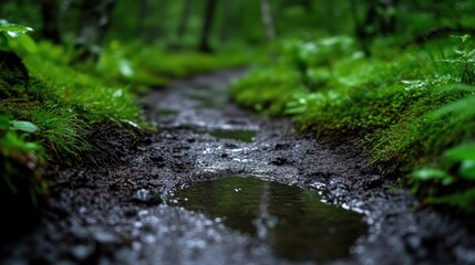 A narrow path through a lush, wet forest