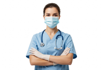 A confident female healthcare professional wearing light blue medical scrubs isolated on transparent background