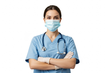 A confident female healthcare professional wearing light blue medical scrubs isolated on transparent background
