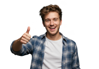 A man with thumbs up gesture and a cheerful expression
