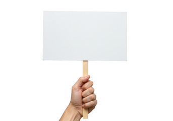 A close-up of a hand firmly gripping a wooden stick attached to a rectangular blank white sign isolated on transparent background