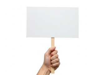 A close-up of a hand firmly gripping a wooden stick attached to a rectangular blank white sign isolated on transparent background