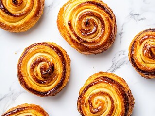 Fototapeta premium Delicious, sweet and buttery swirling pastry with a golden crust and intricate swirl on top, resting among other pastries on a clean white surface.