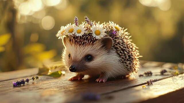 A cute hedgehog adorned with a floral crown in a sunny garden.