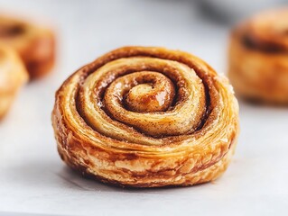 Fototapeta premium Delicious, sweet and buttery swirling pastry with a golden crust and intricate swirl on top, resting among other pastries on a clean white surface.