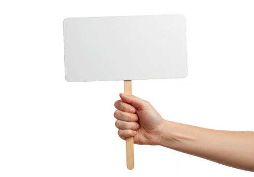 A close-up of a hand firmly gripping a wooden stick attached to a rectangular blank white sign isolated on transparent background
