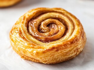 Delicious, sweet and buttery swirling pastry with a golden crust and intricate swirl on top, resting among other pastries on a clean white surface.