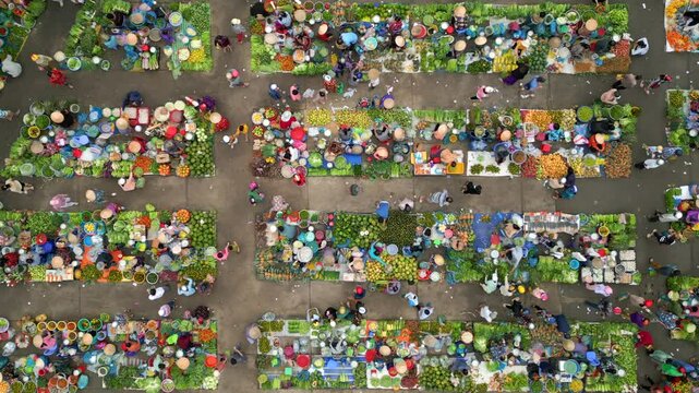 Top down view of colorful traditional farmers market in rural Vietnam