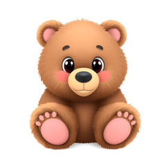 Obraz premium Grizzly Bear – 3D baby grizzly bear, fluffy round paws, soft thick fur, big cute eyes, pastel brown and pink tones, white background Generative AI