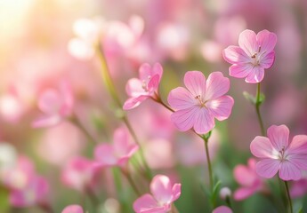 Obraz premium Close Up of Delicate Pink Flowers in Sunlight with Soft Focus Background and Detailed Petals for Spring Floral Design