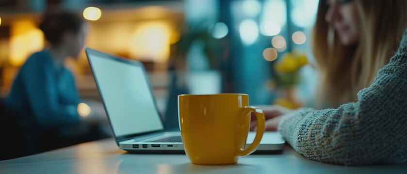 Close-up of young business people working with laptops and MacBooks in an office, blurred background, daylight, natural light, yellow coffee mug on the table, white desktop, office vibe, bokeh effect.