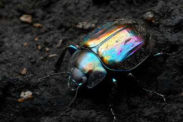 Iridescent ground beetle crawling across dark soil in a close-up shot