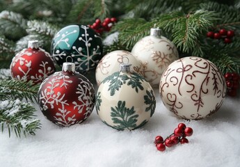 Collection of Ornamental Christmas Balls on Snowy Surface with Pine Branches and Red Berries Elegant Festive Season Background