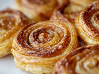 Fototapeta premium Delicious, sweet and buttery swirling pastry with a golden crust and intricate swirl on top, resting among other pastries on a clean white surface.