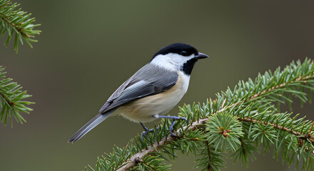 Fototapeta premium Mountain Chickadee perched gracefully on a conifer branch in its natural habitat