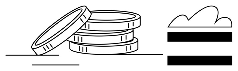 Stacked coins beside a slice of layered cake topped with frosting, blending finance and enjoyment. Ideal for investment, budgeting, personal finance, indulgence, reward, balance, lifestyle concepts