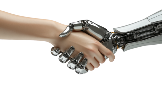 Futuristic handshake between human and robot symbolizes collaboration between technology and humanity. Ideal for themes of innovation, business, and artificial intelligence