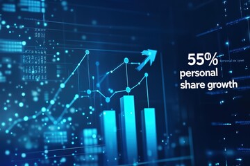 Digital blue background with stock market charts and bar graphs going up, "5 personal share growth" white text on the right side of the graphic, an arrow pointing upwards in the middle of the photo