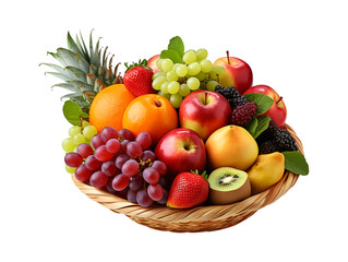 Fruit basket with a variety of fruits isolated on transparent background