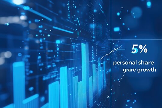 Digital blue background with stock market charts and bar graphs going up, "5 personal share growth" white text on the right side of the graphic, an arrow pointing upwards in the middle of the photo