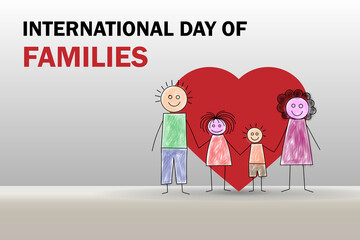 Day of Families vector art. A child-style line-drawn family stands united, symbolizing love and togetherness, set against a bold, vibrant red heart backdrop.