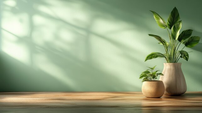 Chic potted plants displayed on a light wooden surface capture a minimalistic aesthetic, enhancing the natural vibe of the indoor environment with botanical elements.