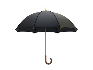 Open black umbrella with curved wooden grip isolated on transparent background