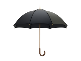 Open black umbrella with curved wooden grip isolated on transparent background