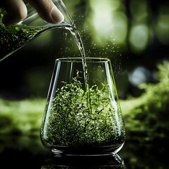 A hand carefully pours a vibrant green liquid over lush microgreens in a glass beaker showcasing SamTwis culinary innovation and the future of sustainable food.