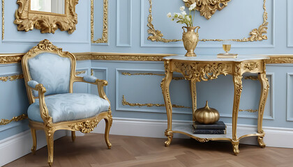 Elegant Antique Style Furniture with Ornate Gold Accents in Blue Room