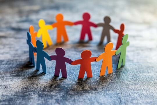 Colorful paper people holding hands in a circle: teamwork and unity