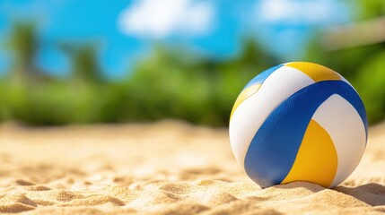 Bright volleyball resting on golden sand