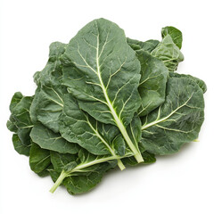 Close up of a pile of fresh collard greens on a white background studio
