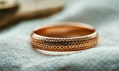 A close-up shows a gold wedding band resting on textured fabric, highlighting craftsmanship and detail.