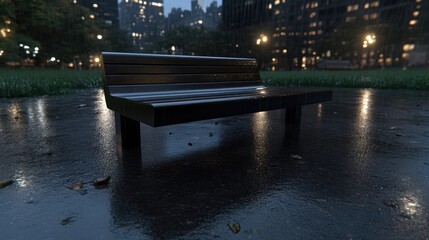 Dark park bench on a rainy evening
