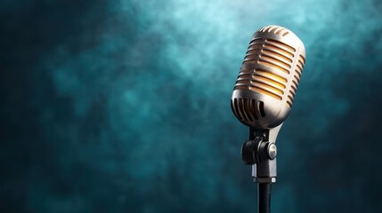 A vintage microphone, retro in design, sits elegantly against a textured blue backdrop, embodying classic artistry and nostalgic charm for music lovers and performers alike.