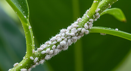 Infestation of mealybugs clustering on a houseplant stem closeup macro shot