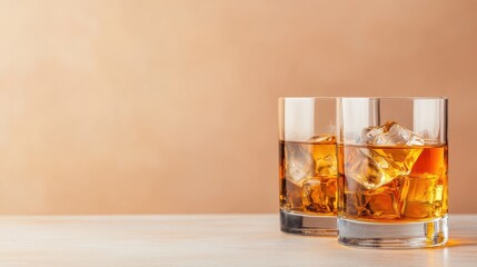 Two whiskey glasses filled with ice sit elegantly on a soft beige background, inviting relaxation and enjoyment in a stylish, modern setting perfect for any occasion.