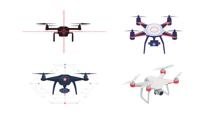 A vector graphic design illustrating drone object detection, featuring a sleek and modern style. The design shows a drone in action, scanning its surroundings with precision, ideal for technology, 