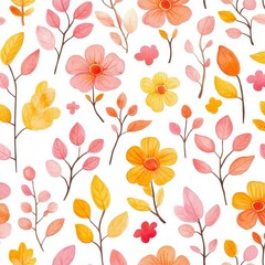 Seamless Floral Pattern with Watercolor Flowers and Leaves in Yellow Pink and Orange Colors on White Background