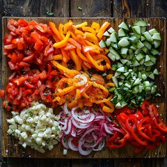 A vibrant array of freshly chopped vegetables peppers onions tomatoes zucchini and potatoes prepared for a healthy samtwis style cooking recipe showcasing the beauty of wholesome