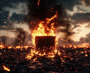 A burning object amidst a desolate landscape, surrounded by flames and smoke, creates a dramatic and intense atmosphere.