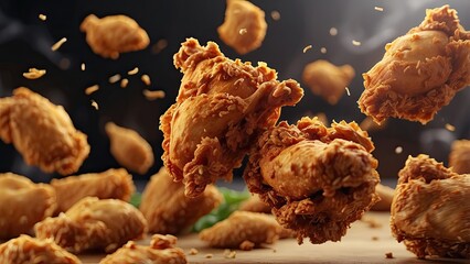 A dynamic arrangement of crispy fried chicken drumsticks appears to float against a deep red background.