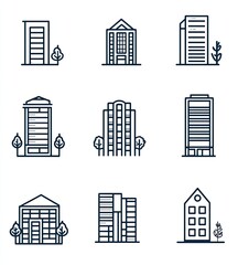 Collection of simple line art building icons.  Various architectural styles of office and residential buildings are depicted