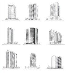 Architectural renderings of modern apartment buildings.  Detailed line drawings showcasing various high-rise residential structures, emphasizing design elements and facades
