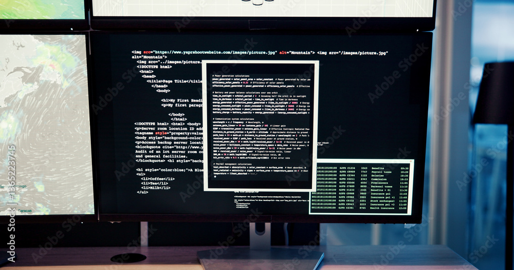 Aufkleber Computer screen, programming and display with code in empty office for IT, software and map in workplace. Meteorology, pc and night with script on system for weather prediction, research and monitor